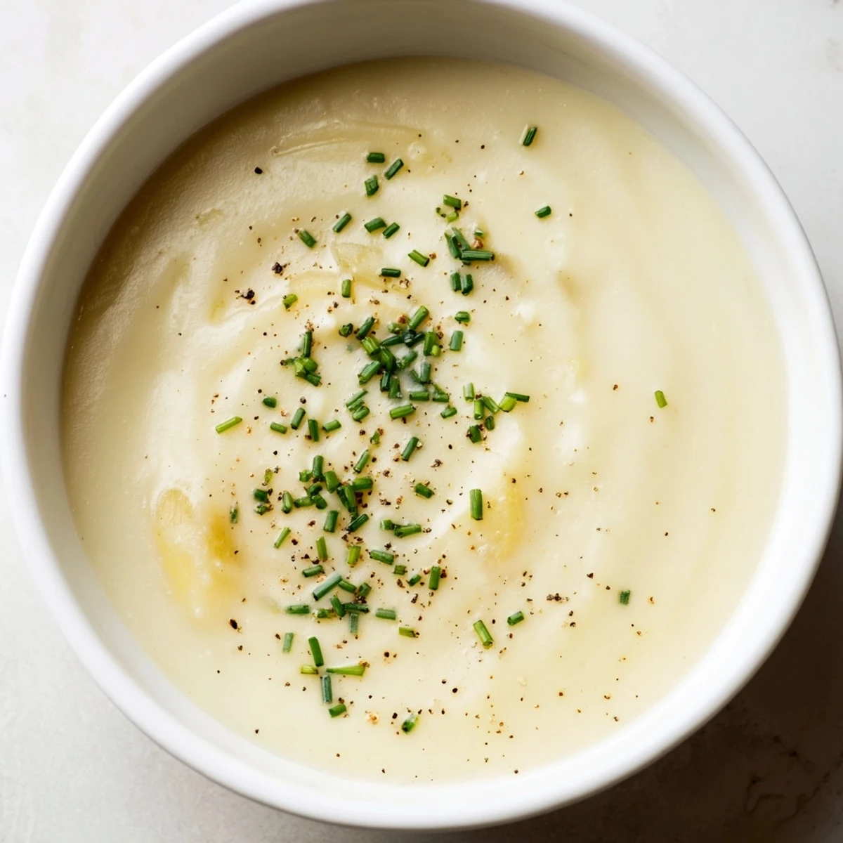 Close-up on the rich, creamy texture of the homemade Creamy Leek and Potato Soup.