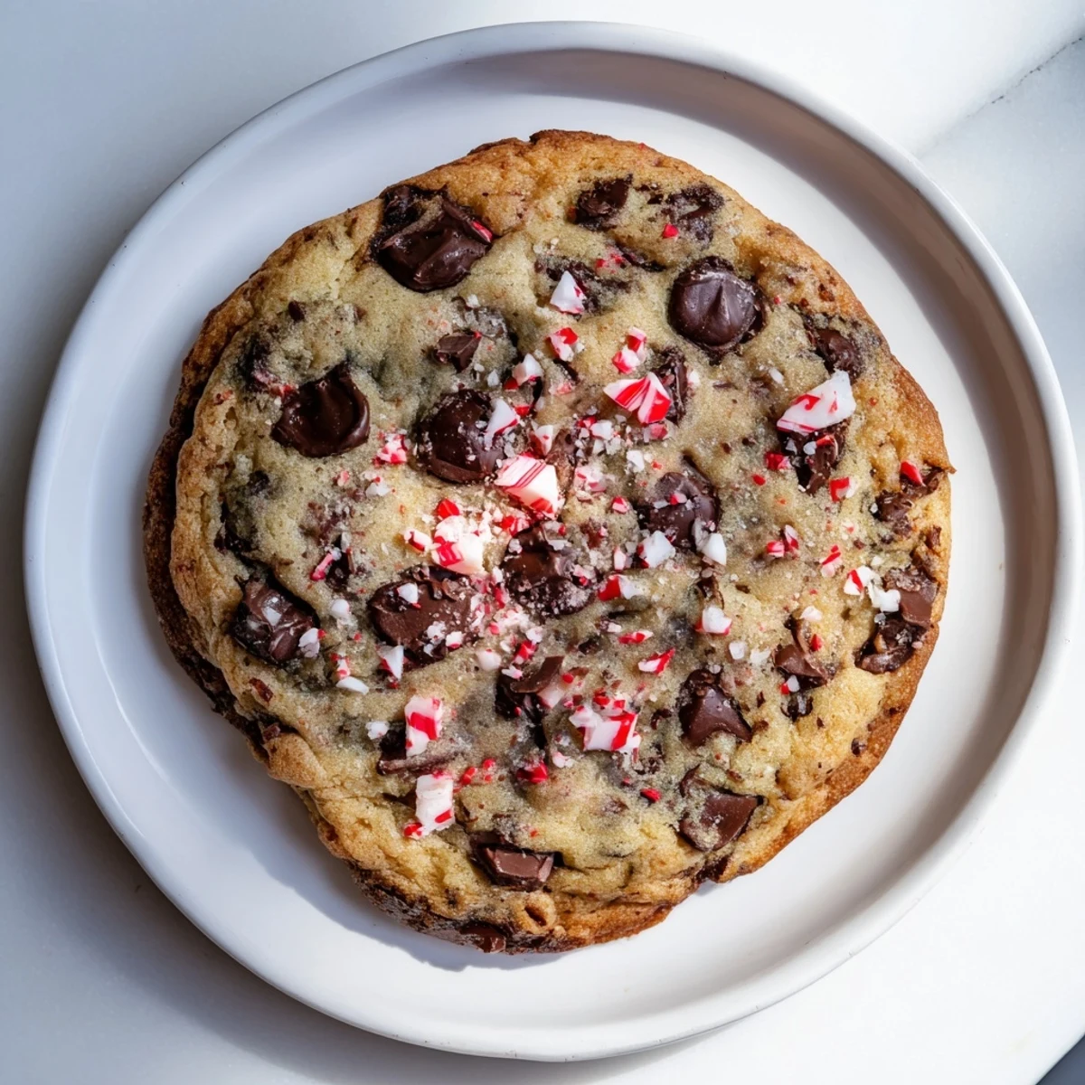 Warm Peppermint Bark Chocolate Chip Cookies fresh from the oven, loaded with chocolate chips and peppermint.