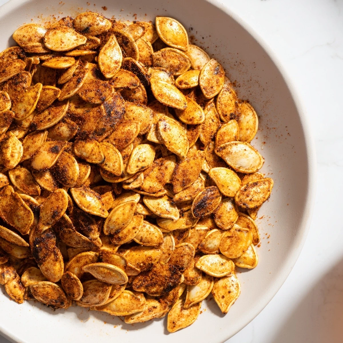 Golden, crispy Roasted Pumpkin Seeds with paprika, perfect for snacking or sprinkling over a salad.