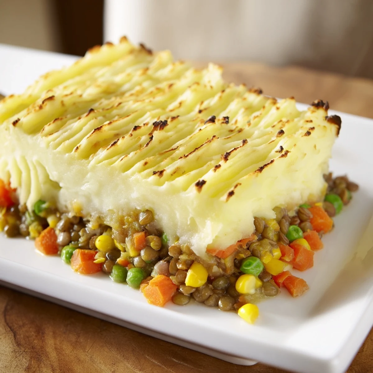 A baked dish of vegetarian shepherds pie with lentils; you can smell the savory herbs.