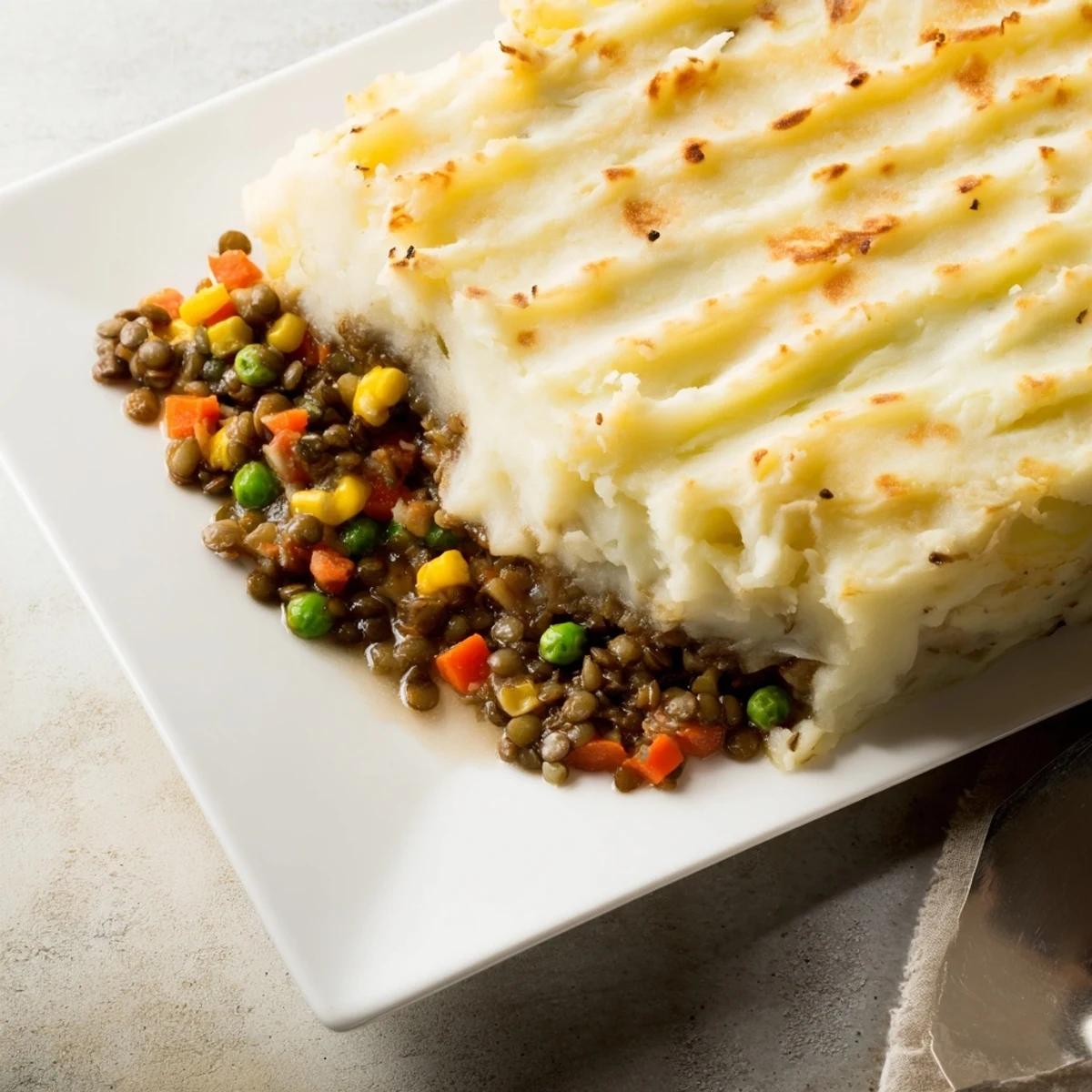 Hearty vegetarian shepherds pie with lentils, topped with golden mashed potatoes, steaming hot.