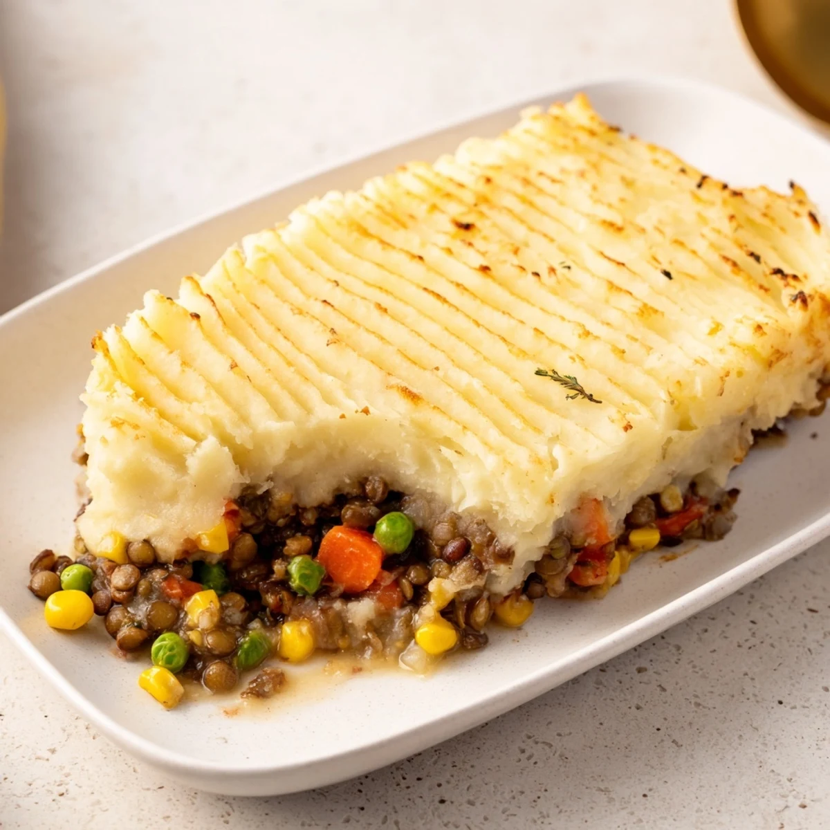 Creamy mashed potatoes and flavorful lentil filling make up this delicious vegetarian shepherds pie.