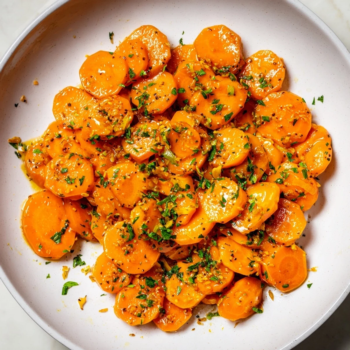 Vibrant orange and cumin glazed carrots, seasoned with zest, offering savory spice for a side.