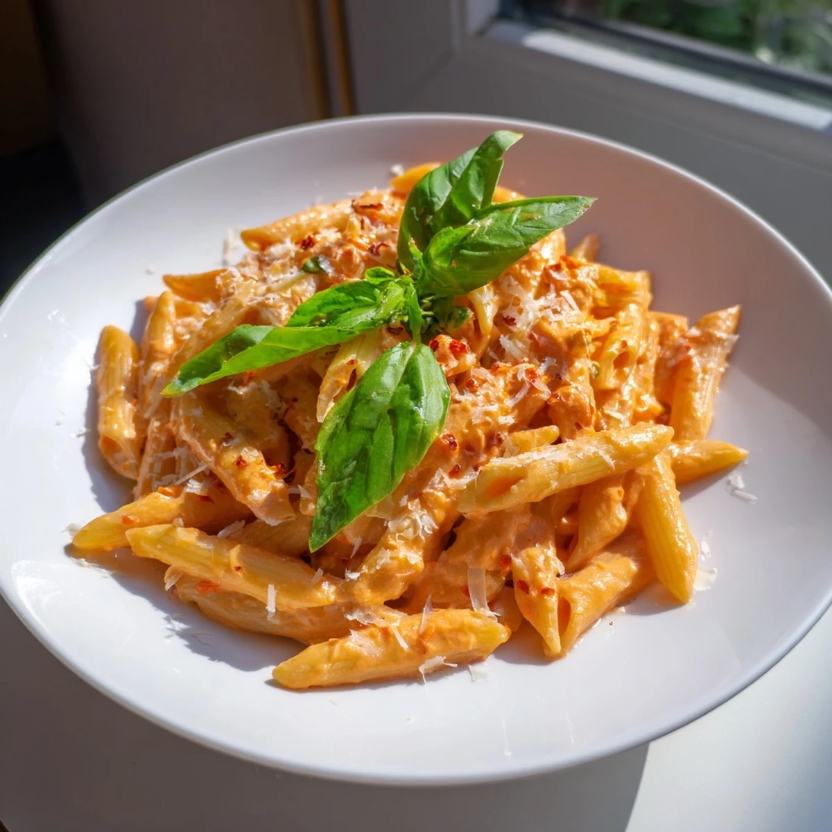 Enjoy a steaming bowl of creamy tomato pasta, perfectly plated & ready to savor its flavors.