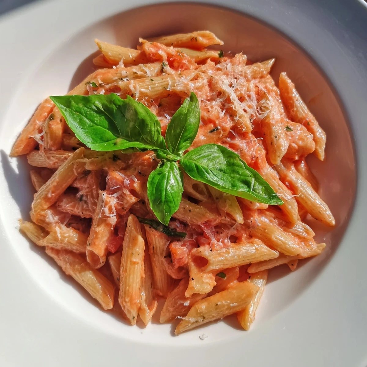 Freshly made creamy tomato pasta, garnished with basil and Parmesan, is a comforting, delicious meal.