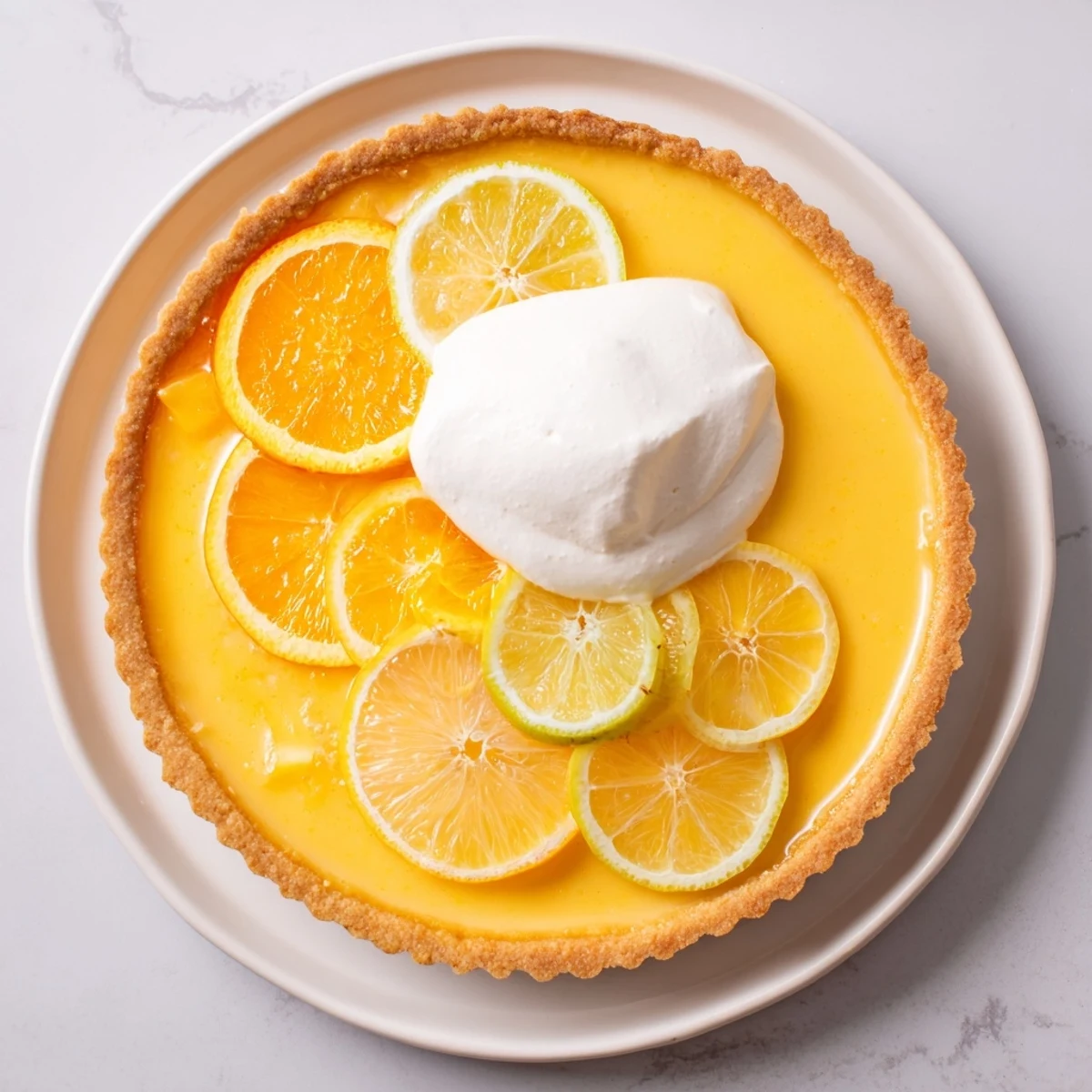 A bright, smooth Citrus Tart, showcasing a golden crust and creamy citrus filling, ready to serve.