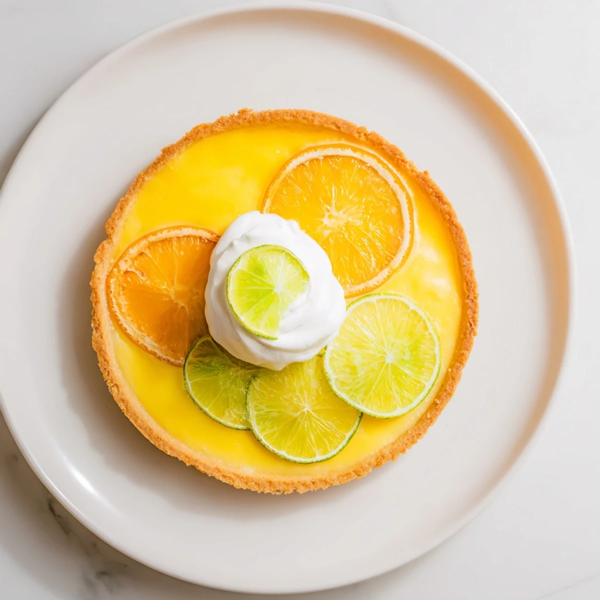 Fresh citrus slices garnish a decadent slice of this golden-crusted Citrus Tart; a stunning presentation.