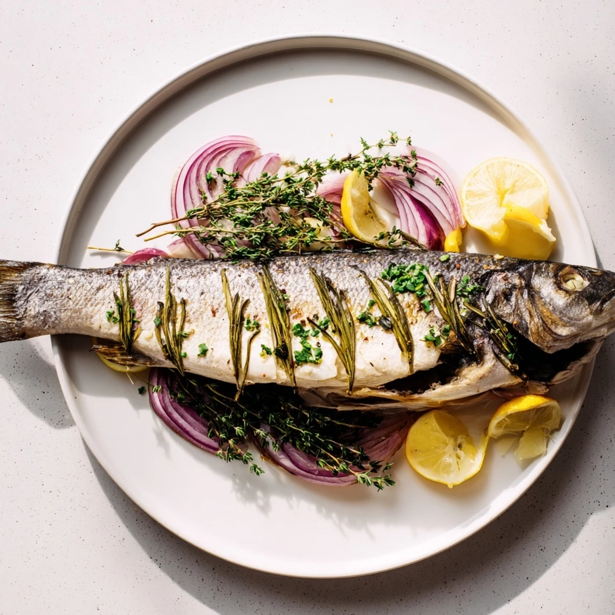 Freshly baked whole sea bass, aromatic with herbs and citrus, ready to enjoy as a main course.