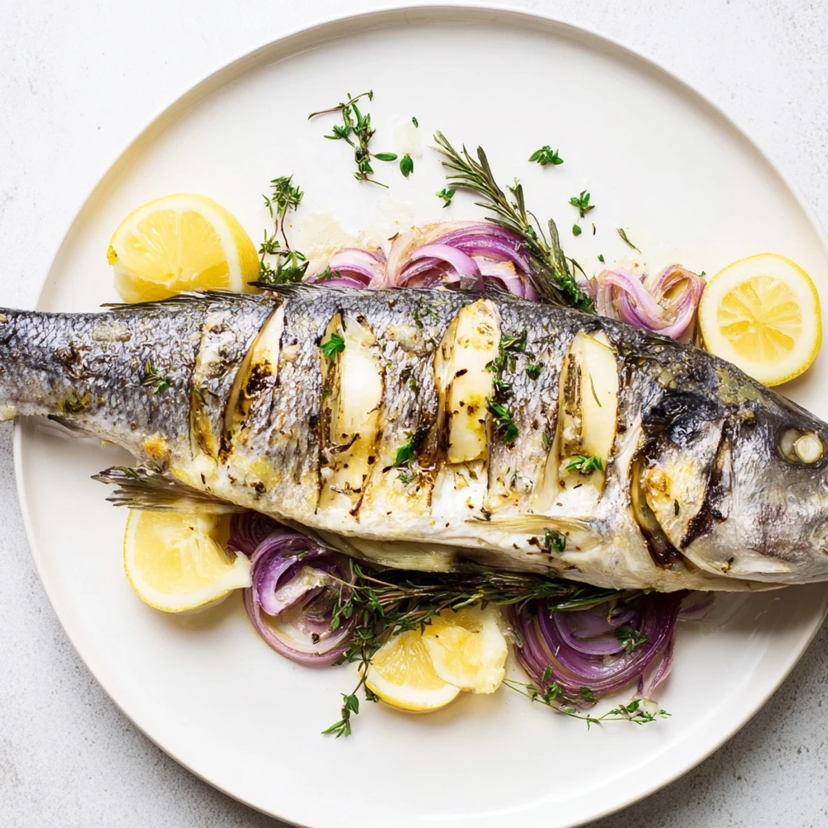Succulent Baked Sea Bass with crispy skin, presented on a platter with fresh parsley and red onion.