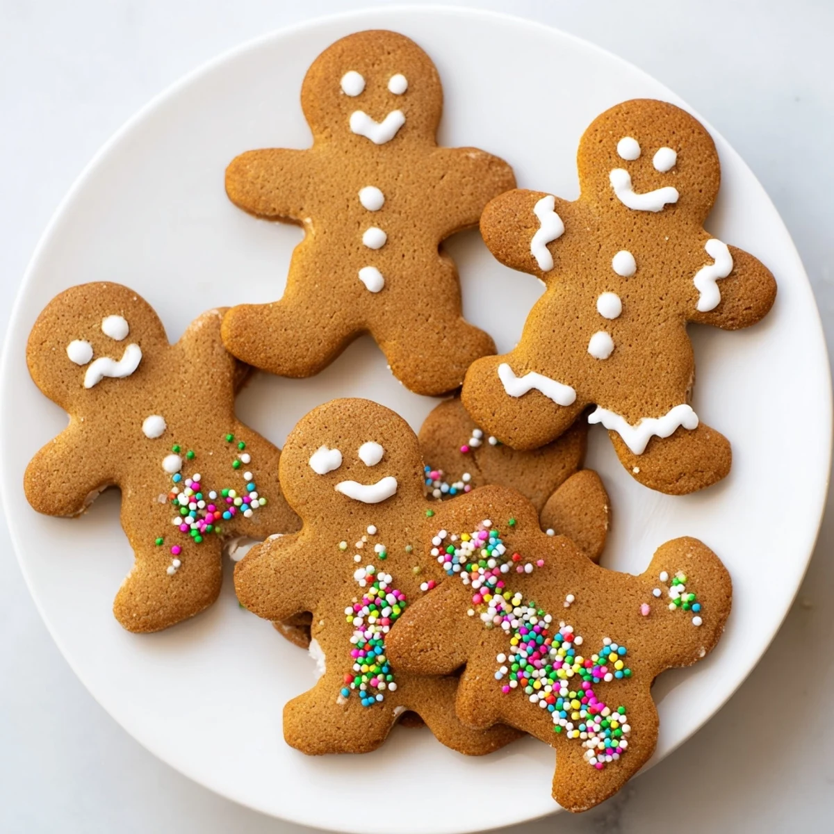 Golden brown gingerbread men, generously frosted with colorful royal icing and festive sprinkles.