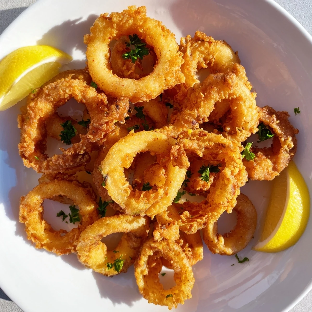 Golden-brown crispy squid, perfectly fried, ready to enjoy with a tangy lemon wedge.