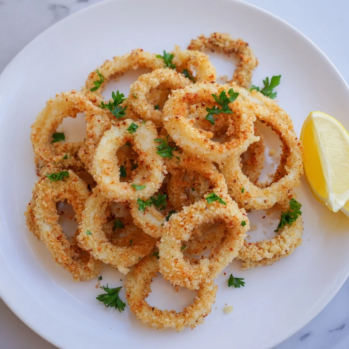 Close-up of crispy squid rings, tempting and golden, perfect for sharing as an appetizer.