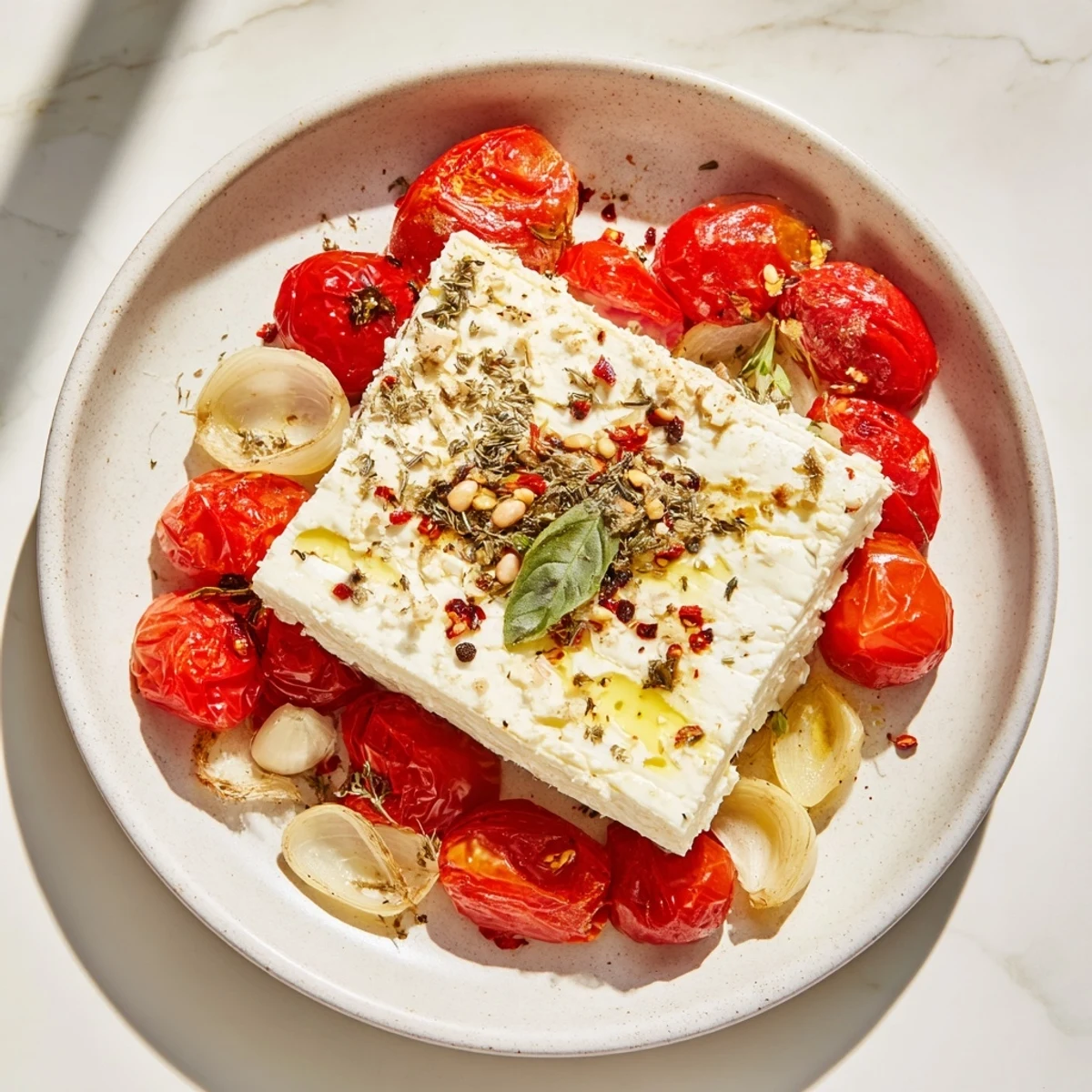 Golden, bubbly Baked Feta with Tomatoes, served warm with crusty bread for dipping.
