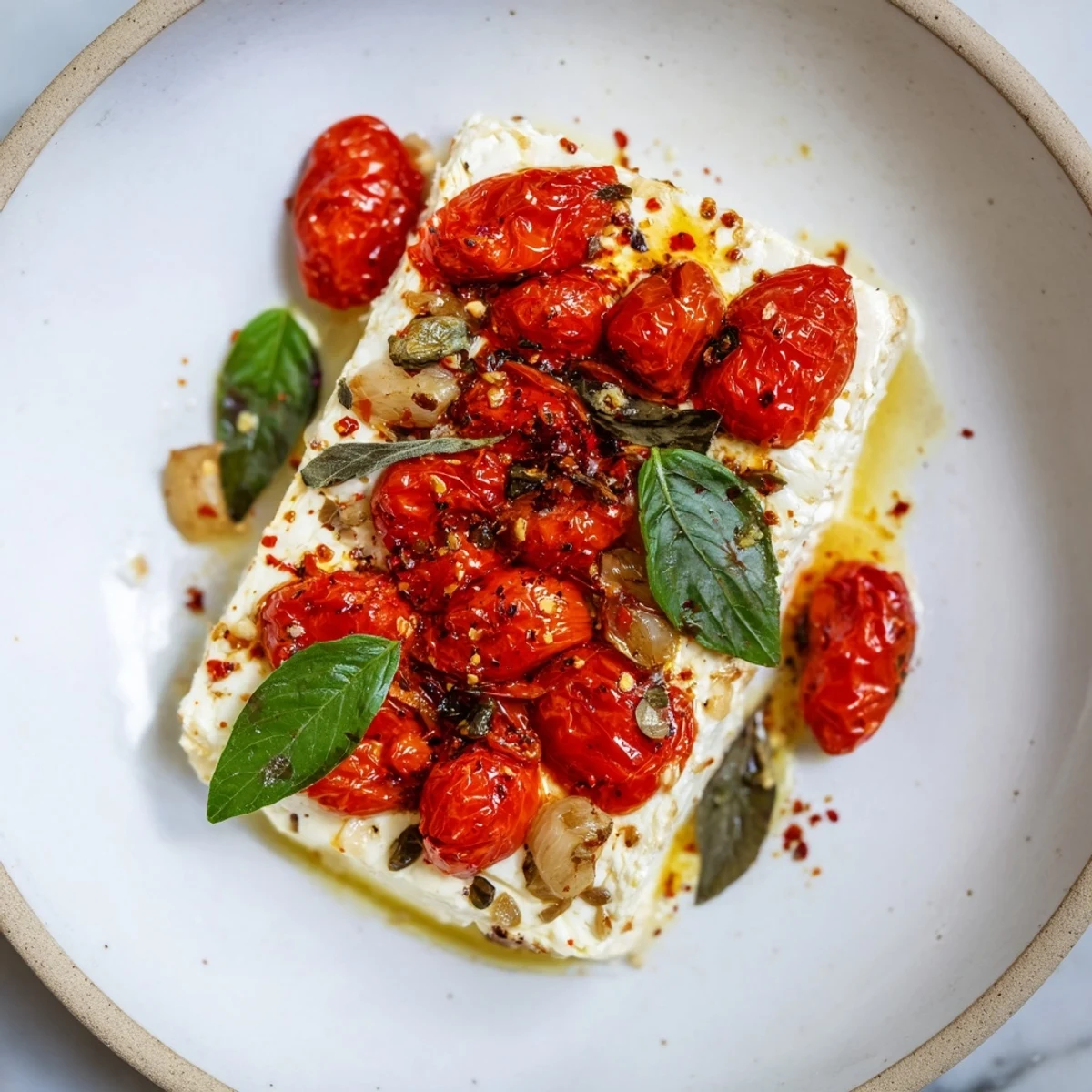 A close-up of delicious Baked Feta with Tomatoes, highlighting roasted cherry tomatoes and flavorful herbs.