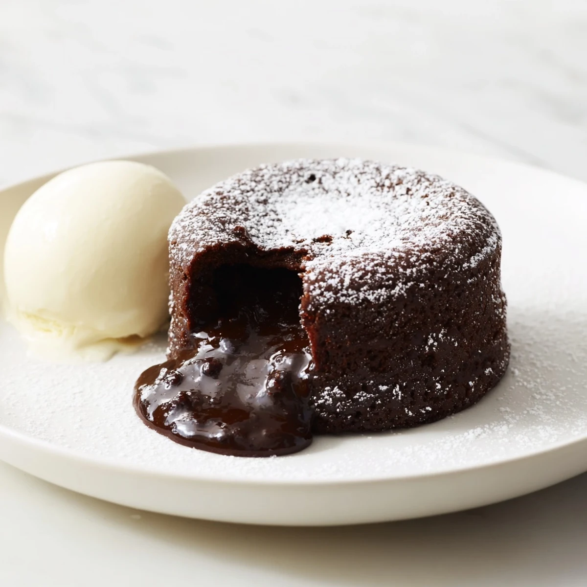 Warm chocolate cake with a molten center, dusted with powdered sugar, ready to savor.
