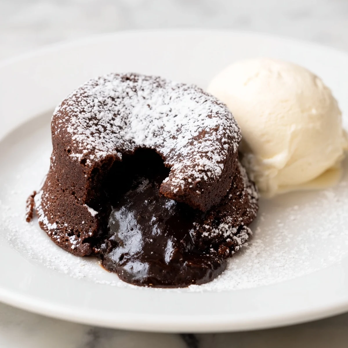 A close-up of a Warm Chocolate Cake, an individual dessert with melting chocolate inside.