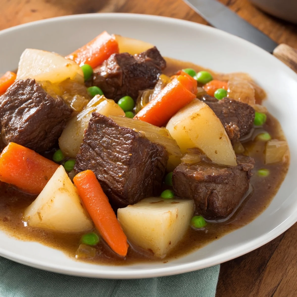 Slow Cooked Beef Stew, a warm, savory hug, showcasing tender beef and colorful vegetables.