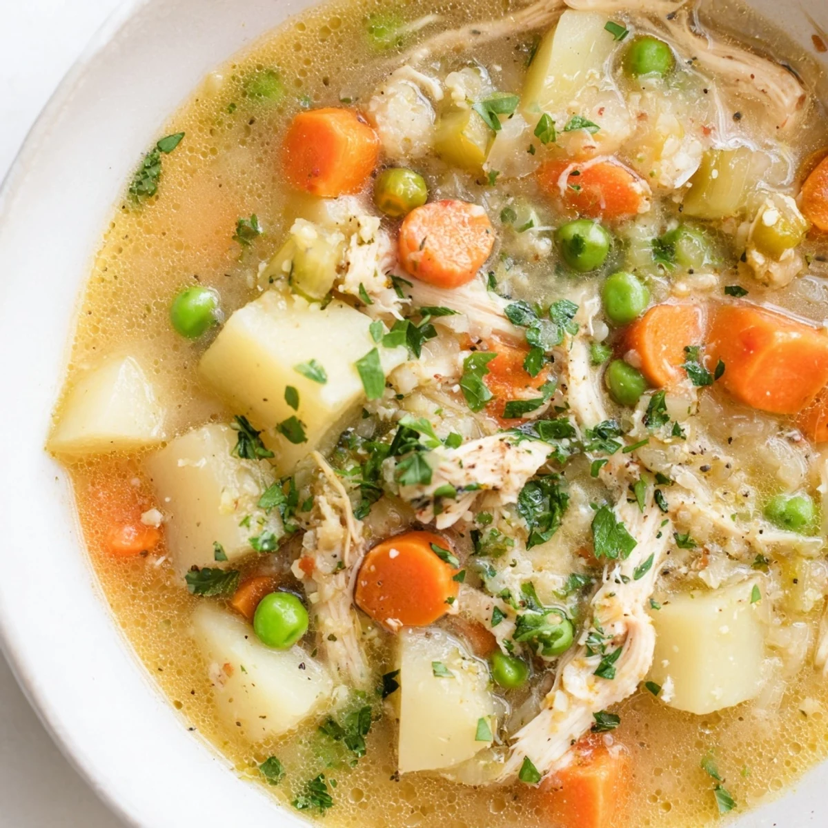 Warm and comforting bowl of Hearty Chicken Soup, filled with visible vegetables and tender chicken pieces.