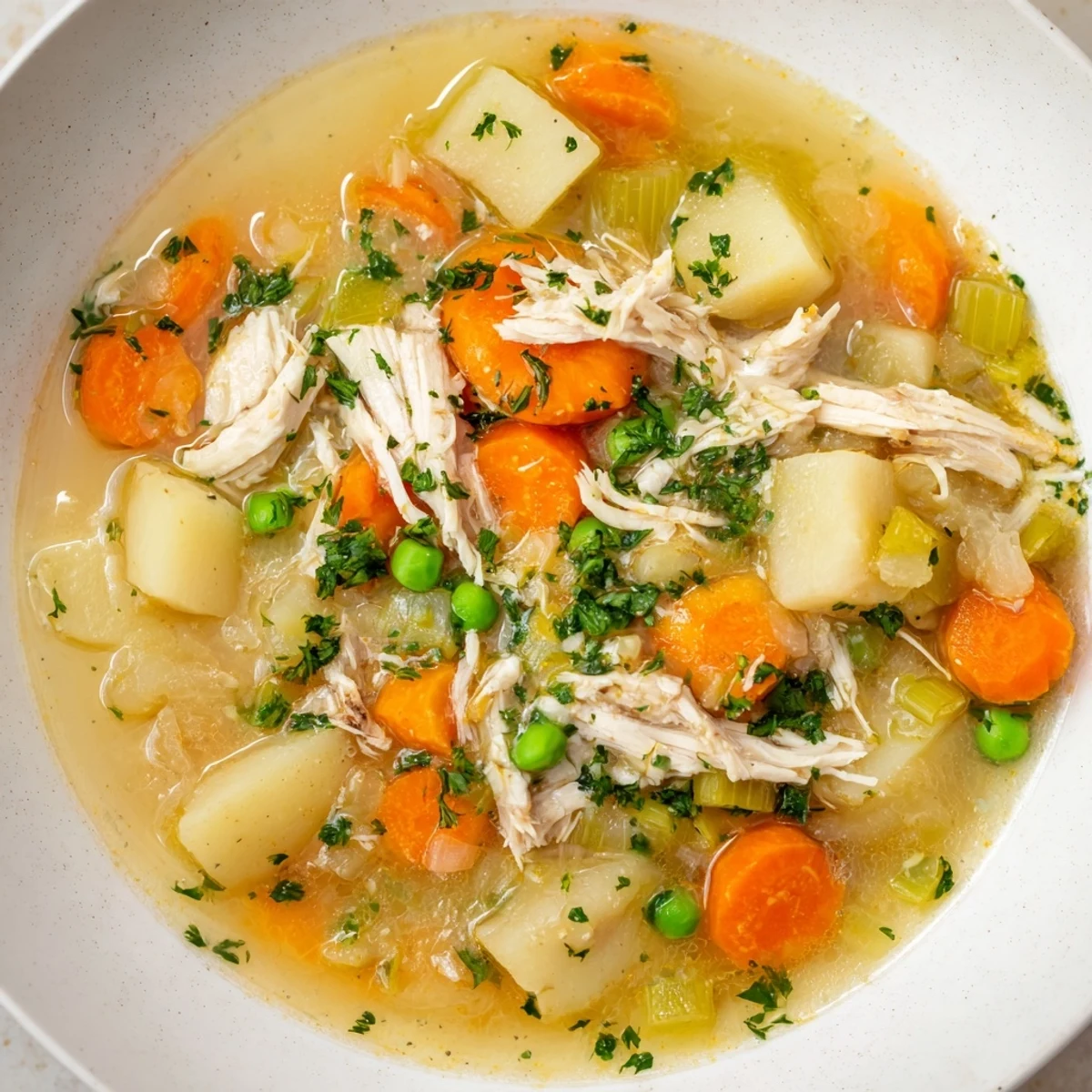 Steaming Hearty Chicken Soup, a flavorful American classic, served in a ceramic bowl with fresh parsley.