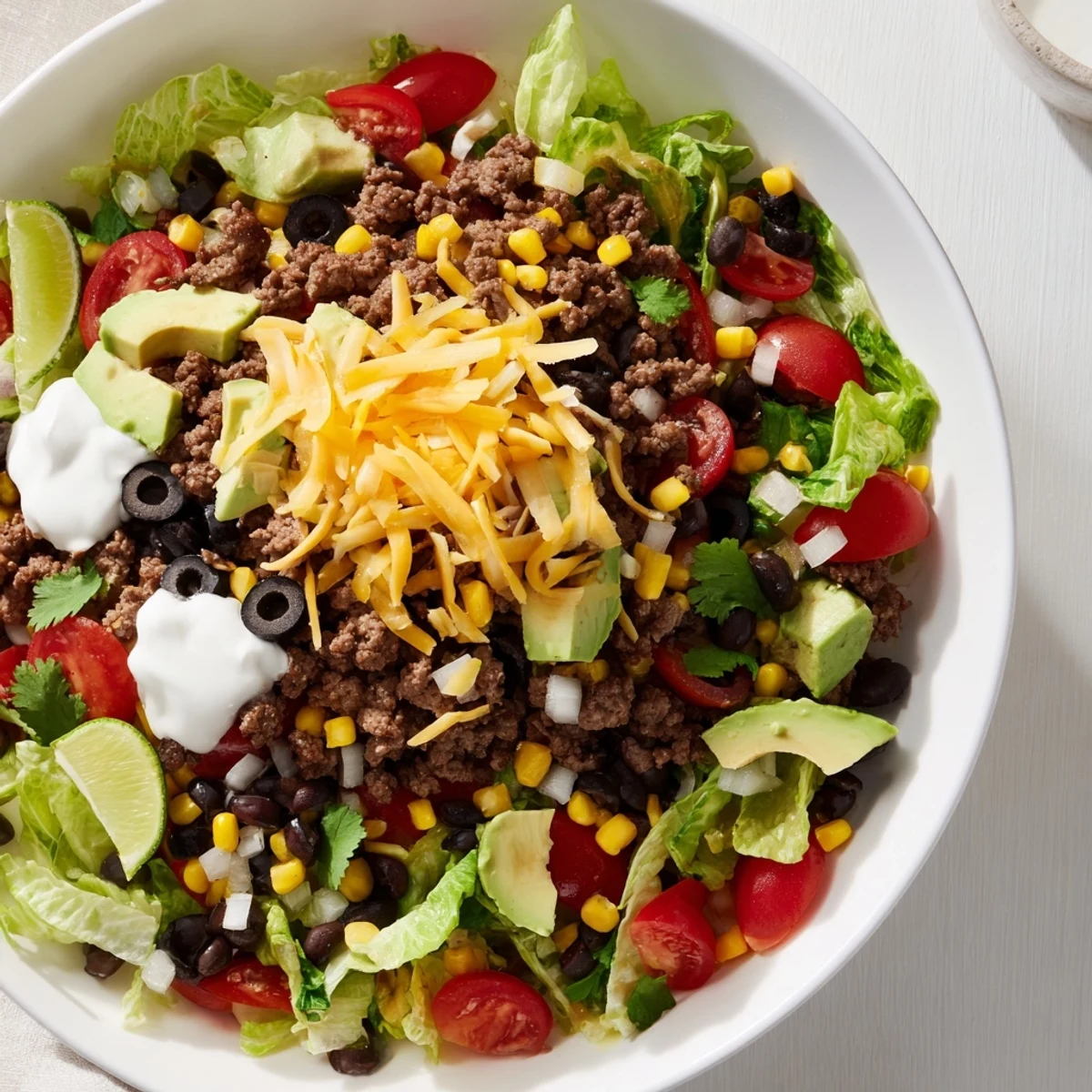 Golden tortilla bowl filled with flavorful beef taco salad, ready to enjoy.