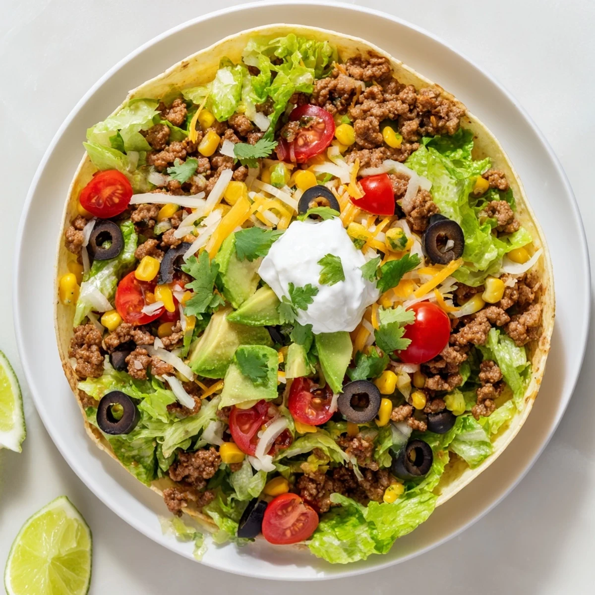 Ground beef taco salad overflowing from crispy tortilla shells, a delicious Tex-Mex dinner.