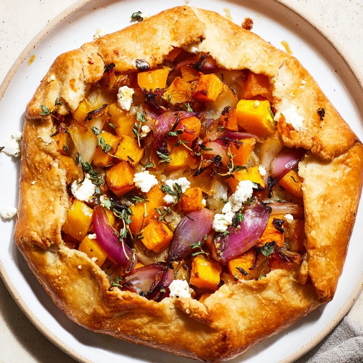 Golden-brown Roasted Butternut Squash and Apple Galette, filled with caramelized vegetables, ready to eat.