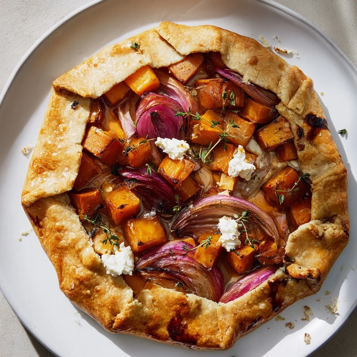 A rustic Roasted Butternut Squash and Apple Galette, its flaky crust brushed with a glistening egg wash.