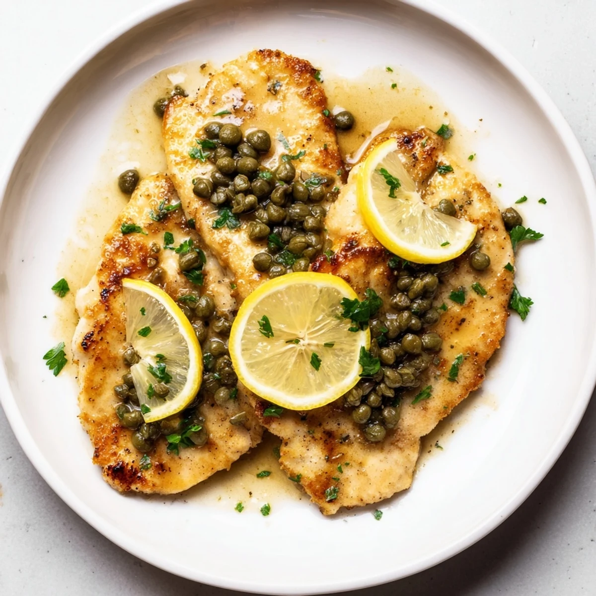 Close-up of Chicken Piccata, a flavorful dinner with vibrant sauce and delicate parsley garnish.