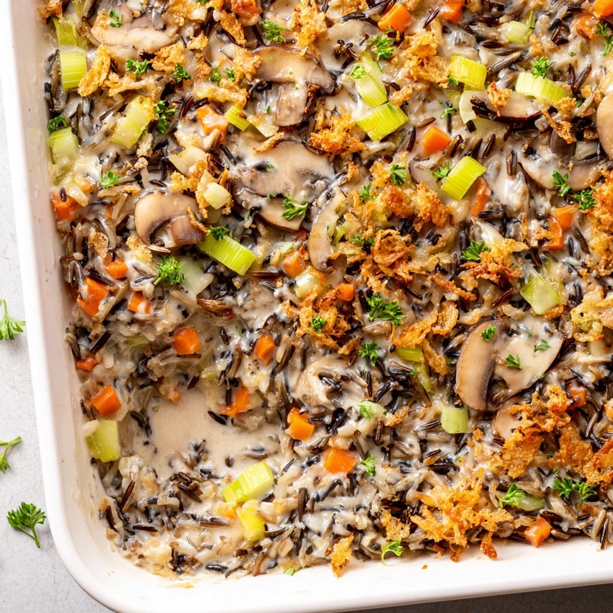Steaming, creamy mushroom and wild rice casserole served with a golden, bubbly breadcrumb topping.