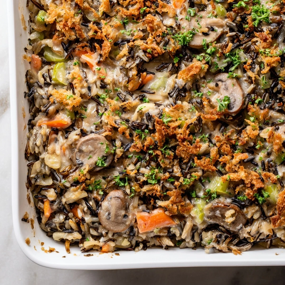A close-up of a bubbling creamy mushroom and wild rice casserole, rich with textures, ready to eat.