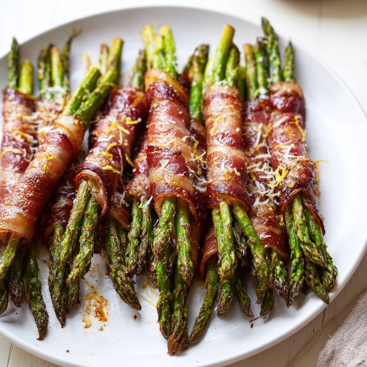 Deliciously crispy Beef Bacon Wrapped Asparagus, ready to eat with a sprinkle of Parmesan.