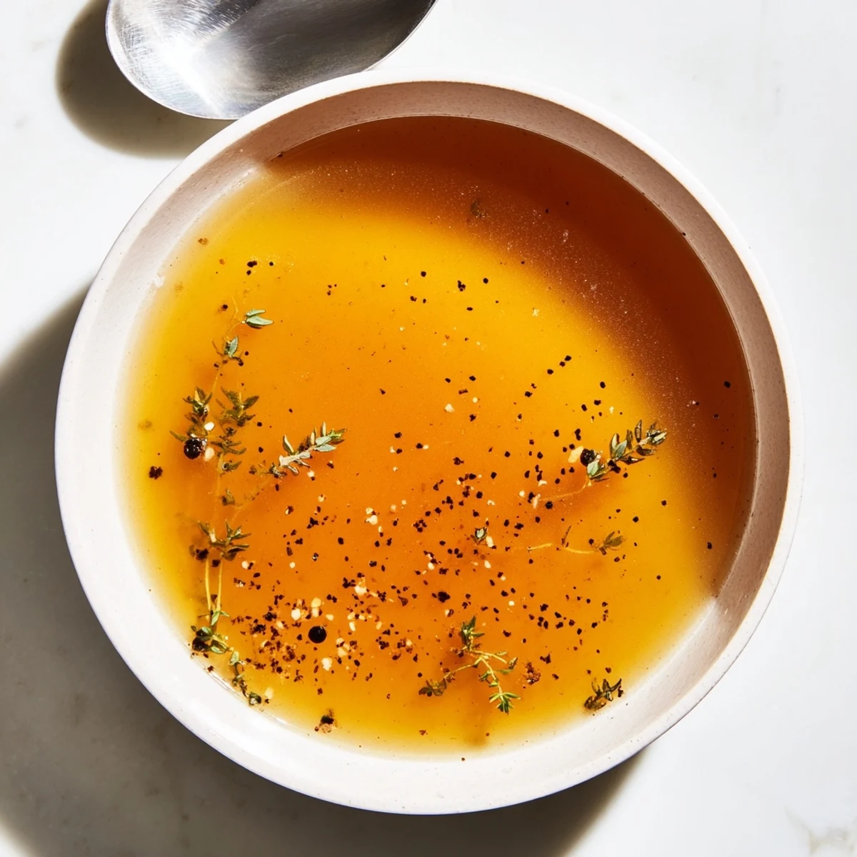 Golden, flavorful homemade vegetable broth with scraps, ready to elevate any dish's taste.