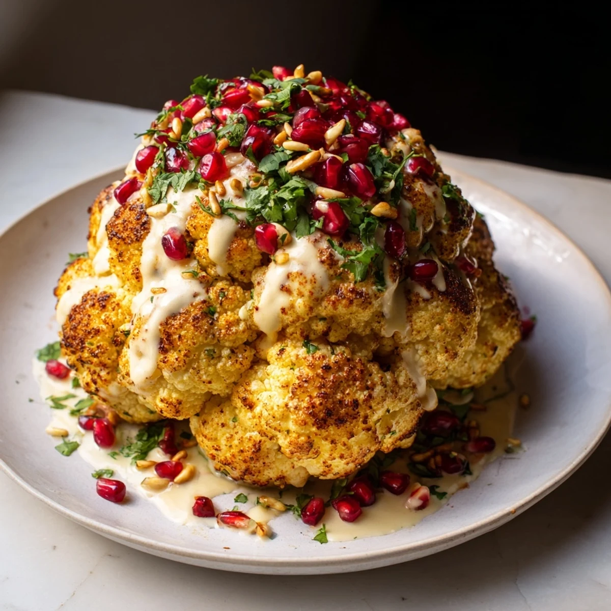 Golden-brown whole roasted cauliflower with tahini glaze, ready to serve with fresh parsley.