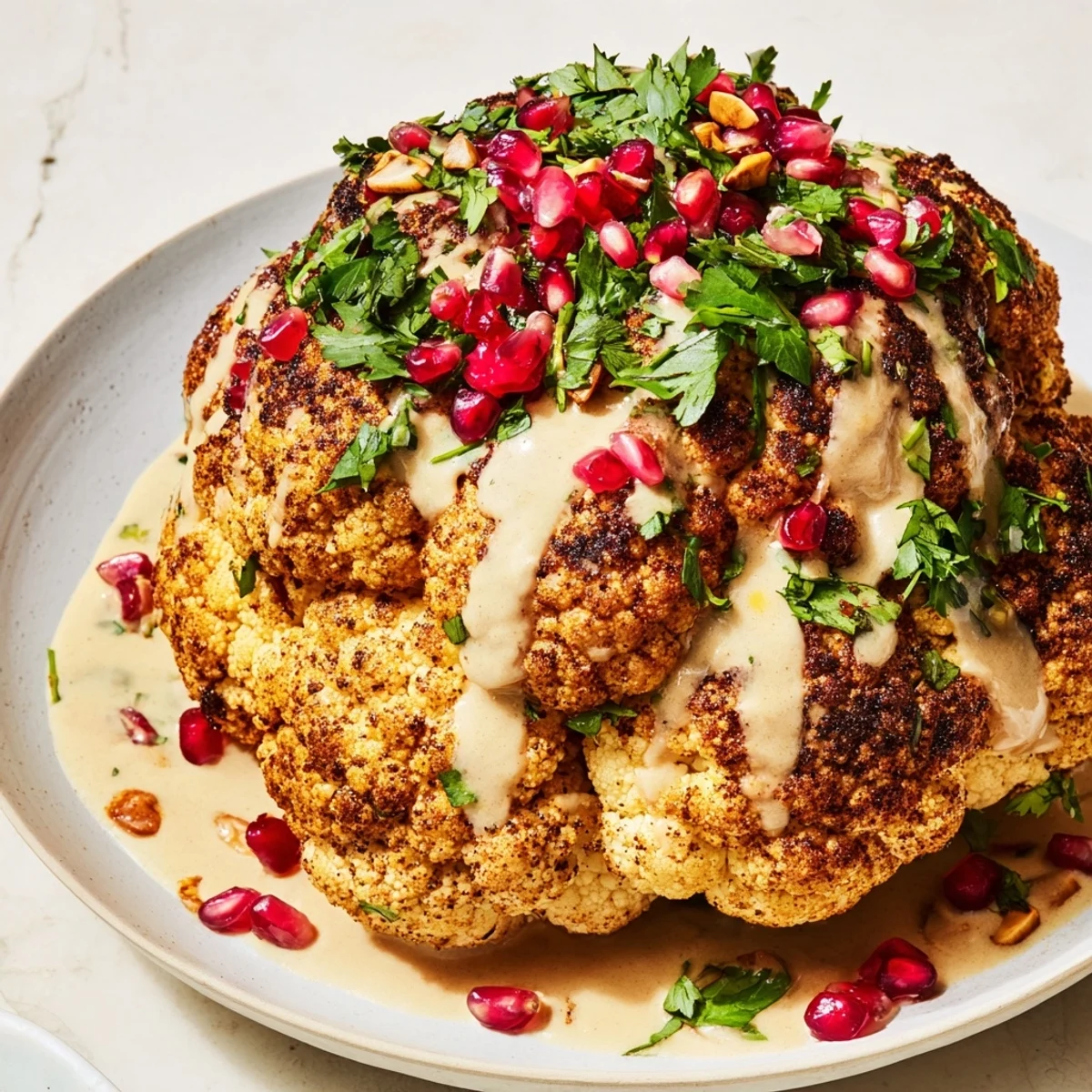 A vegan feast: tender whole roasted cauliflower coated in creamy tahini sauce and pomegranate.