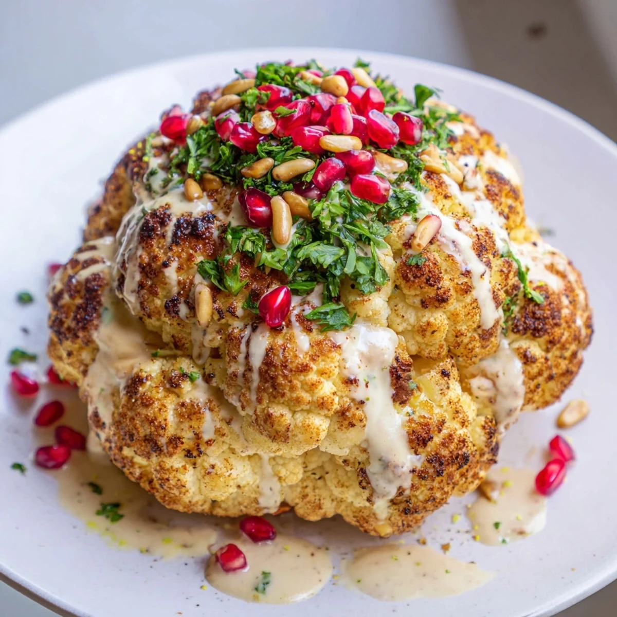 Close-up of a perfectly roasted whole cauliflower, finished with tahini glaze and herbs.