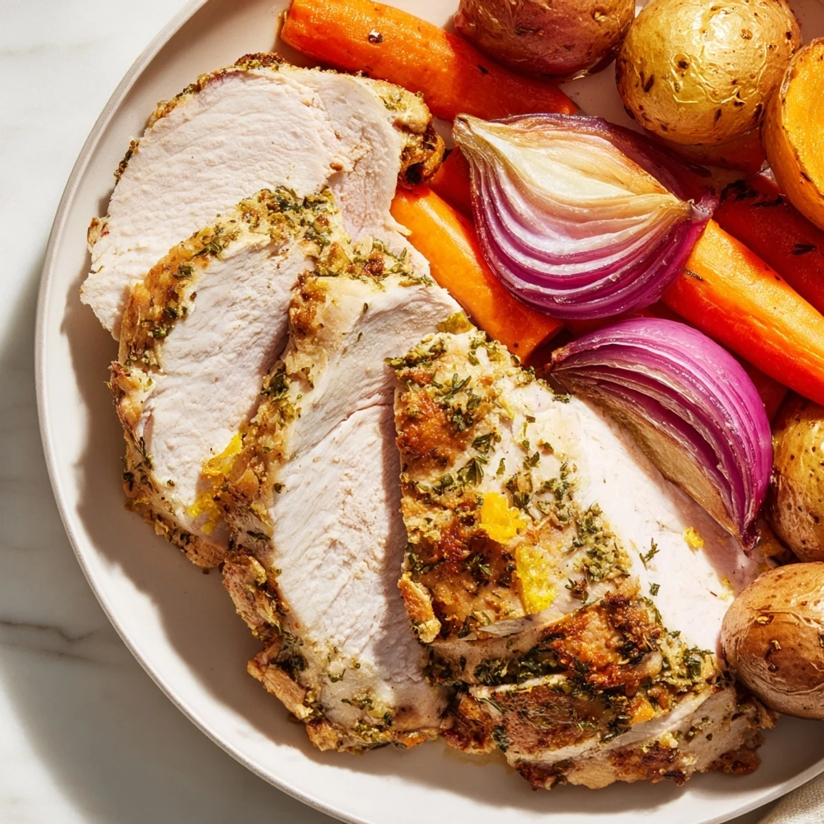 A tempting image of a flavorful Sheet Pan Lemon Herb Roasted Turkey Breast, ideal for a delicious weeknight meal.