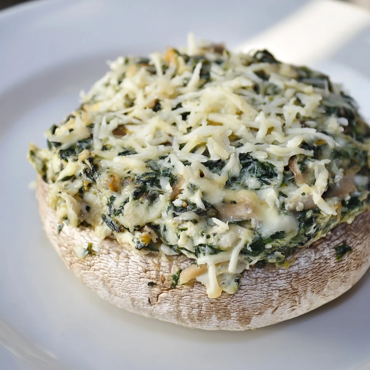 Golden, bubbling Cheesy Spinach Artichoke Stuffed Mushrooms sit, ready to serve as a delicious appetizer.