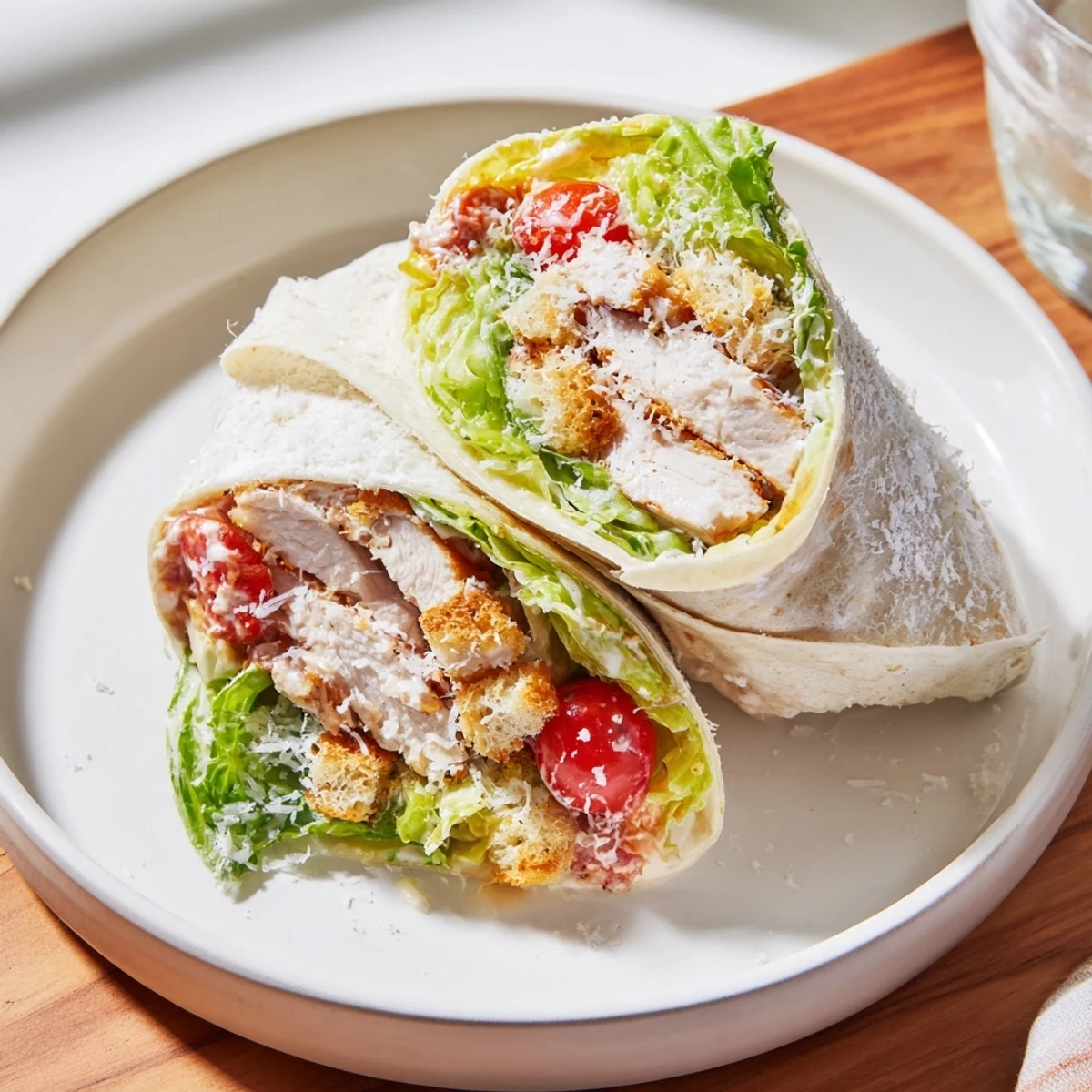 Close-up of a delicious Chicken Caesar Wrap, with visible chicken and creamy dressing, perfect lunch.