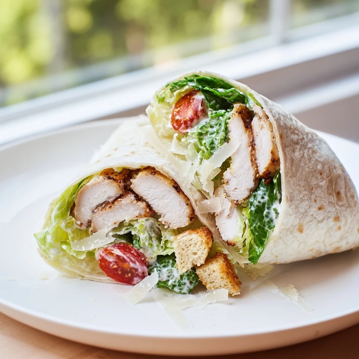 Sliced chicken Caesar wrap, packed with lettuce, Parmesan, and Caesar dressing, ready to eat.