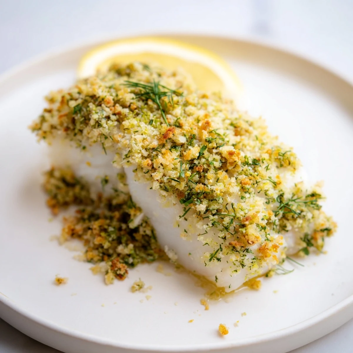 Golden-brown baked hake with a crispy lemon-herb crust, ready to enjoy with a squeeze of fresh lemon.