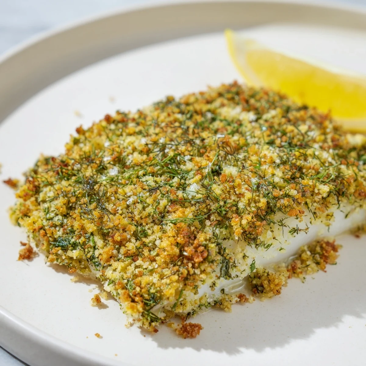 Flaky, baked hake fillets coated in a delightful, aromatic herb and lemon crust, a delicious main course.