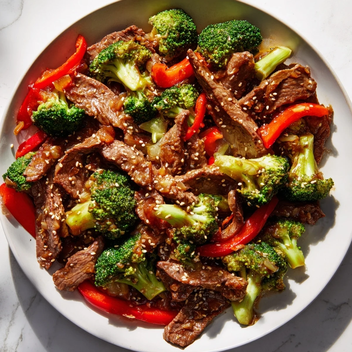 Sizzling beef and broccoli stir fry with garlic sauce, tossed with vibrant red pepper slices.