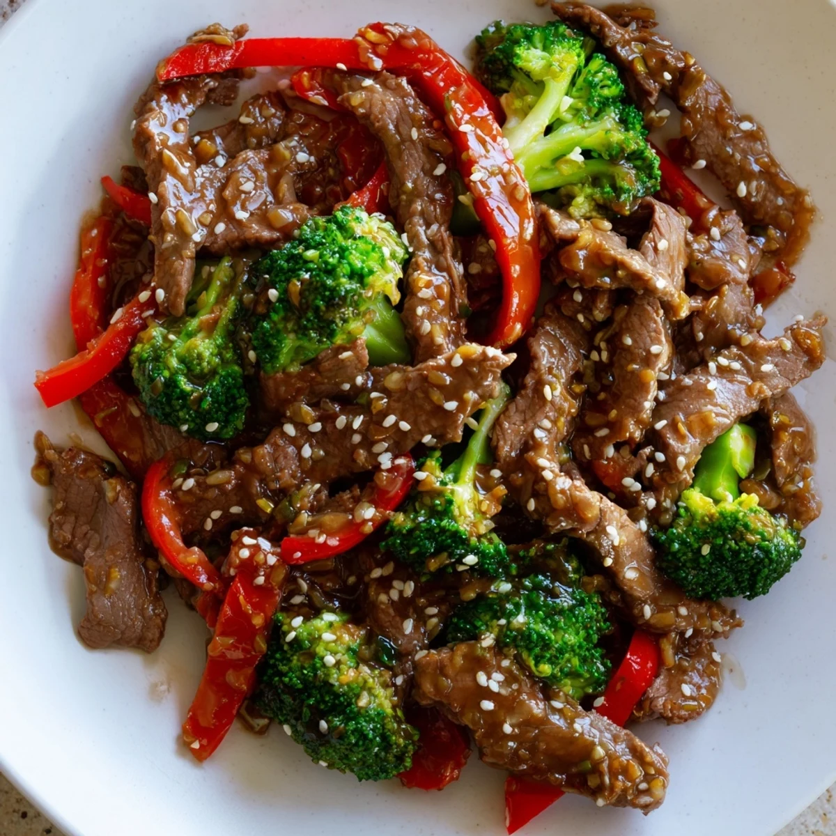 Tender beef and broccoli stir fry with garlic sauce, plated and ready for a delicious dinner.
