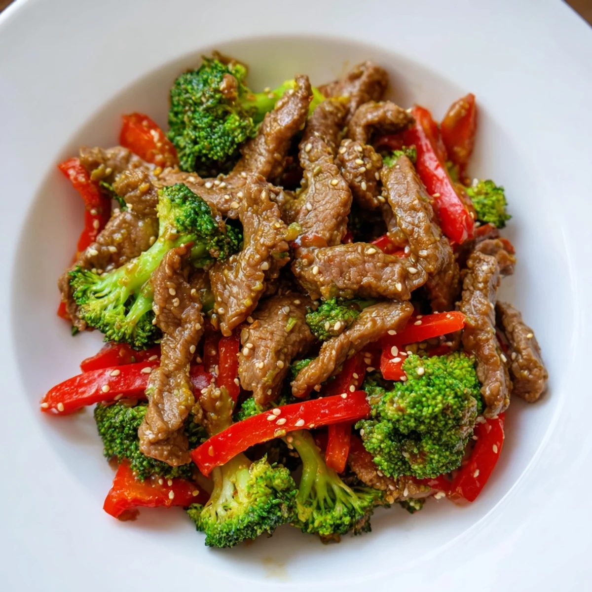 A flavorful bowl of beef and broccoli stir fry with garlic sauce, served with steaming rice.