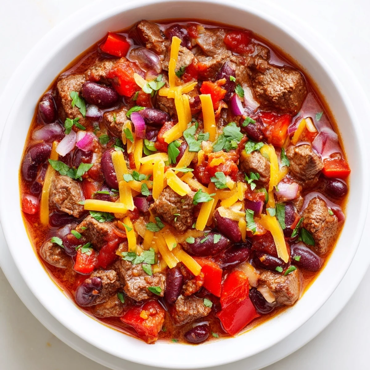 Slow cooker beef chili, a steaming bowl topped with cilantro and cheese for a warm meal.
