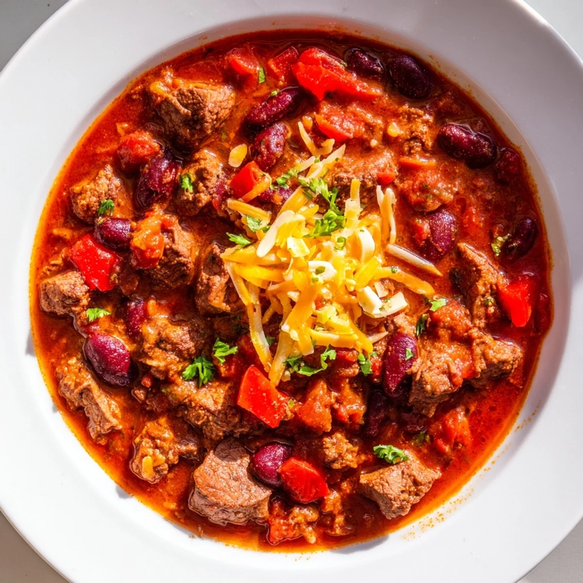 Close-up of that slow cooker beef chili, rich with beans and tender beef pieces, ready to serve.