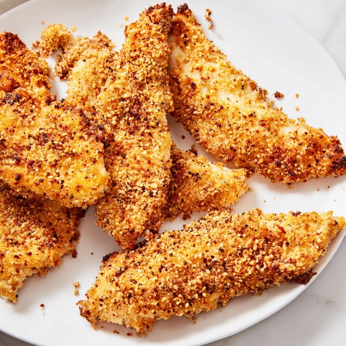 Golden-brown, crispy air fryer chicken tenders ready for dipping sauces, a delicious American classic.