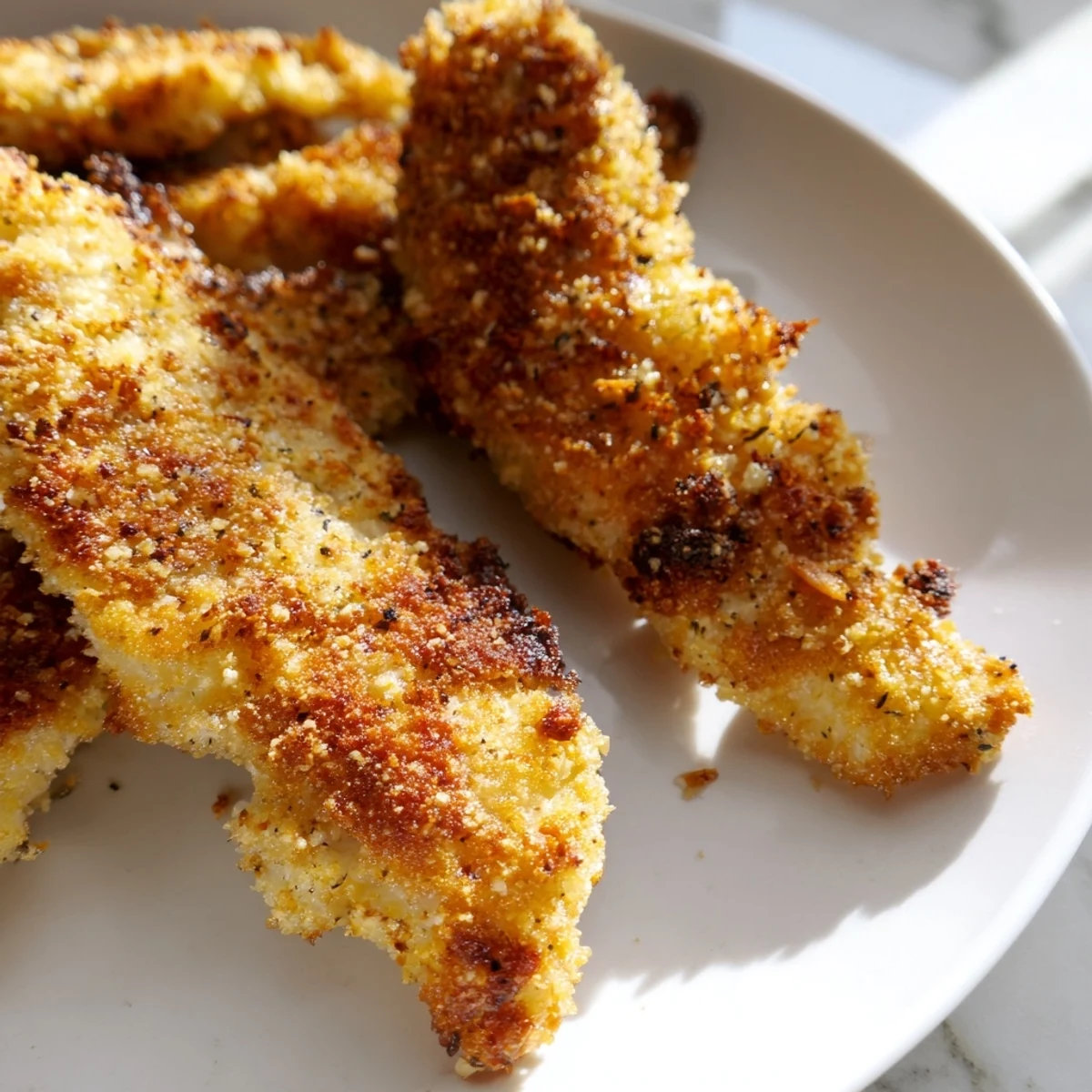 Close-up of perfectly cooked crispy air fryer chicken tenders; imagine the crunchy texture.