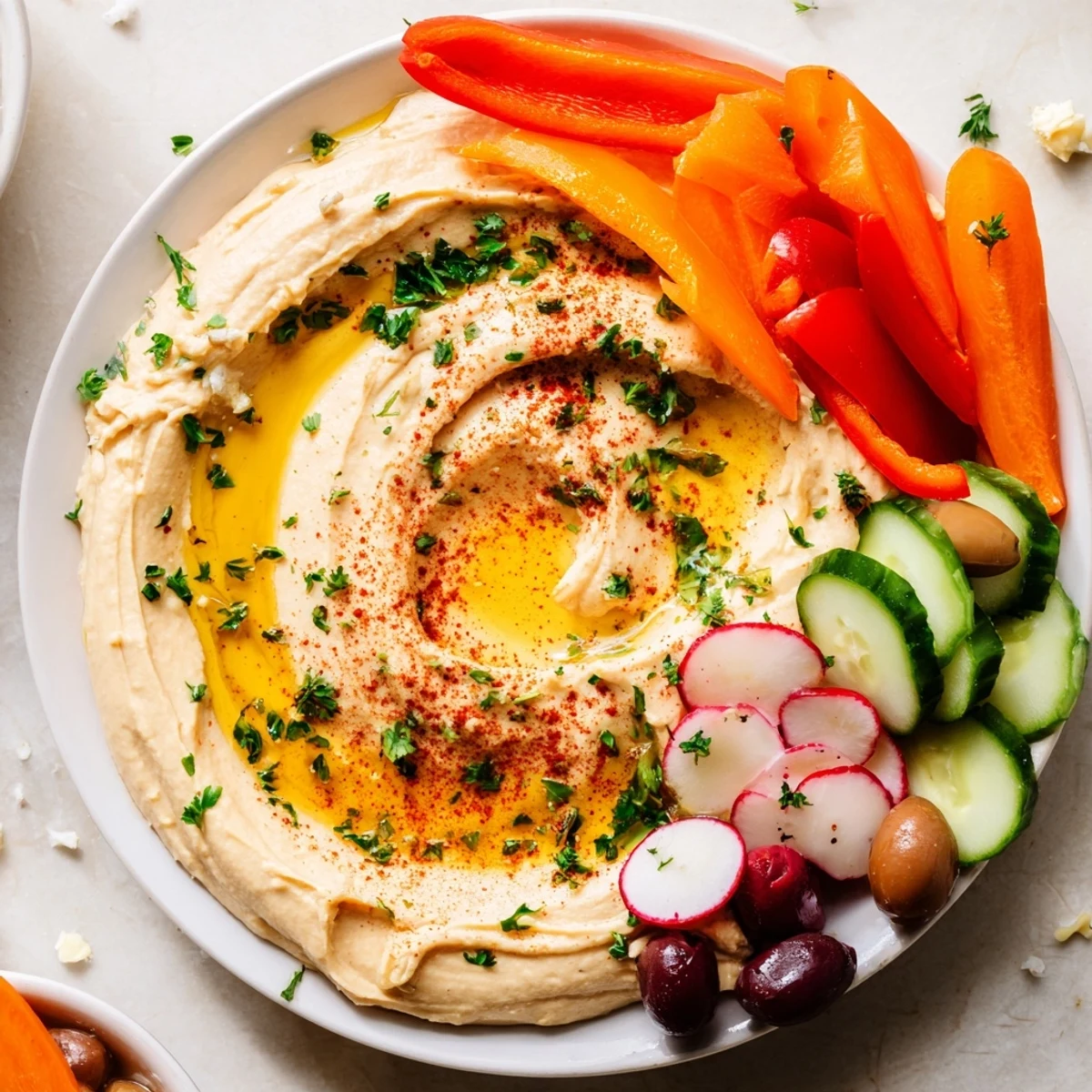 Creamy Mediterranean hummus platter, vibrant with colorful vegetables and olives, ready to enjoy.