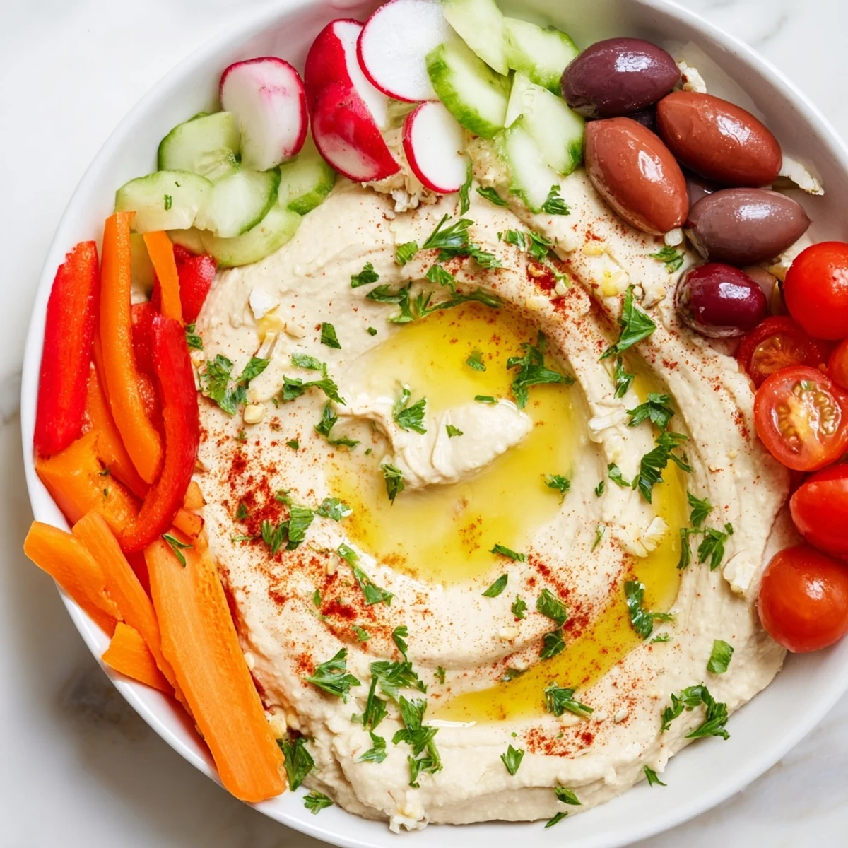 A delicious vegetarian Mediterranean hummus platter, featuring fresh veggies and crumbled feta, perfect for sharing.